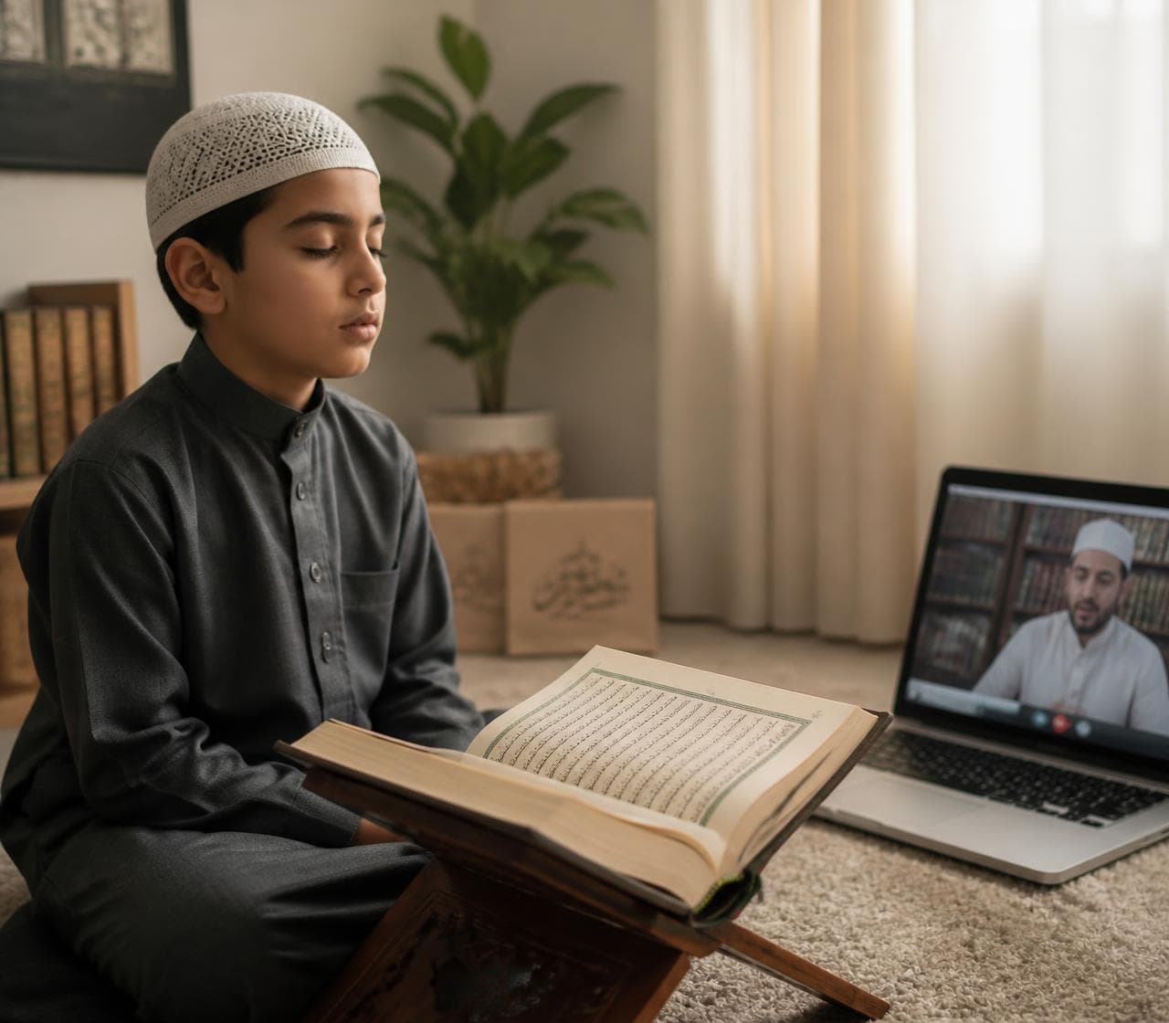 A child memorising Quran with an online tutor and a Quran open beside a laptop