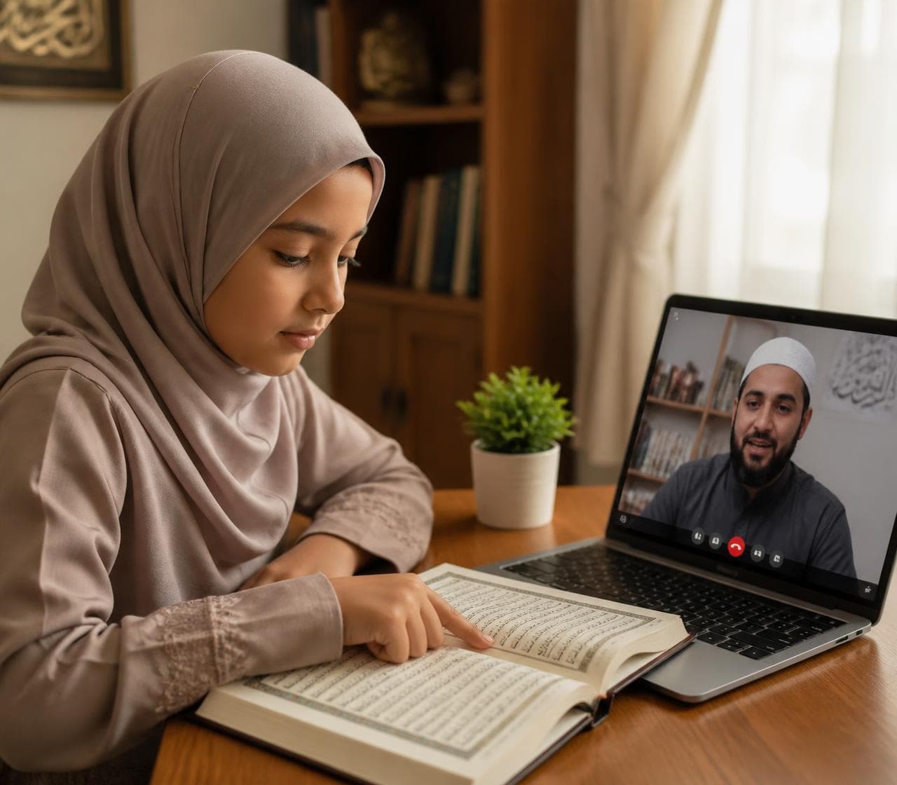 A learner reading the Quran during an online Nazra lesson with a tutor