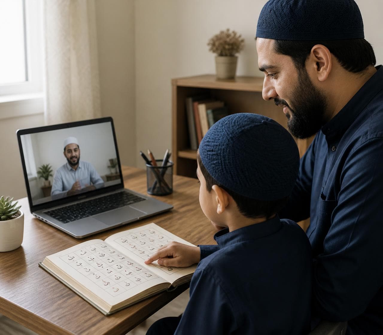 A child learning Quran reading with a tutor online while an adult guides the lesson