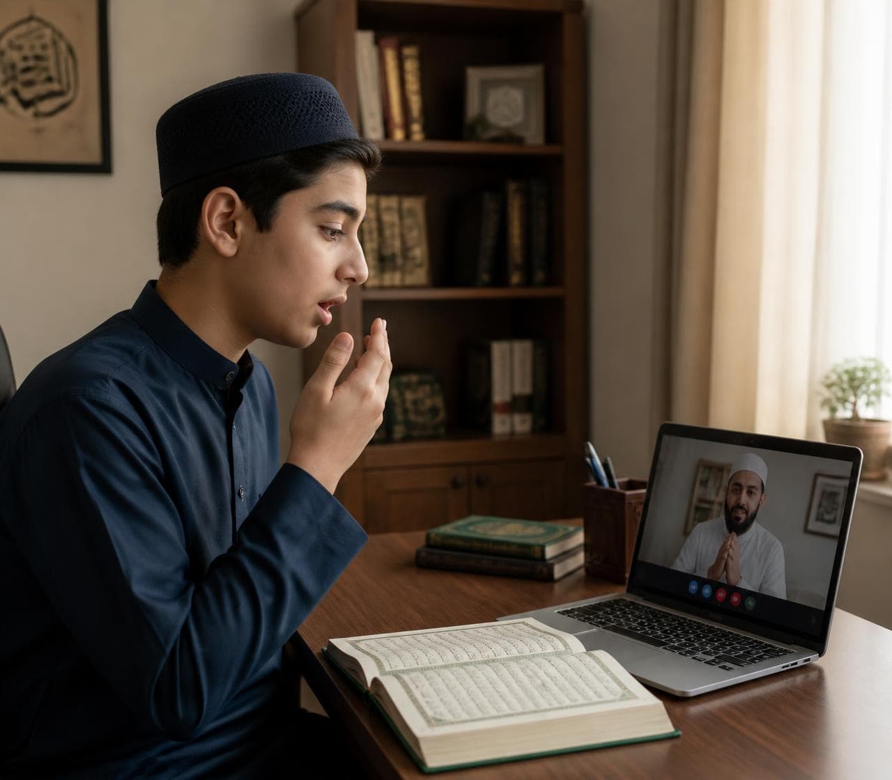 A learner studying Quran recitation during an online Tajweed lesson