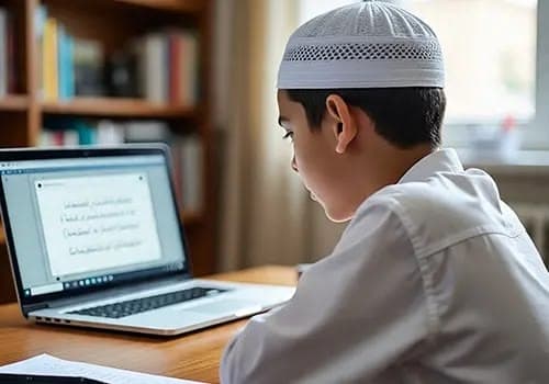 Child taking part in an online Quran lesson
